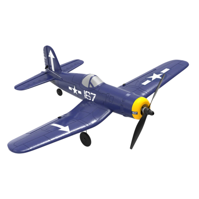 Modelo de avião de combate azul com hélice e detalhes amarelos e brancos