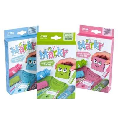 Conjuntos coloridos de marcadores para têxteis DIY Marky com embalagens azul, verde e rosa
