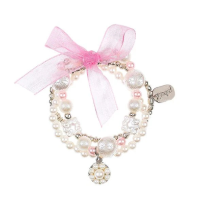 Pulseira com contas creme, rosa e prata, pendente e fita rosa