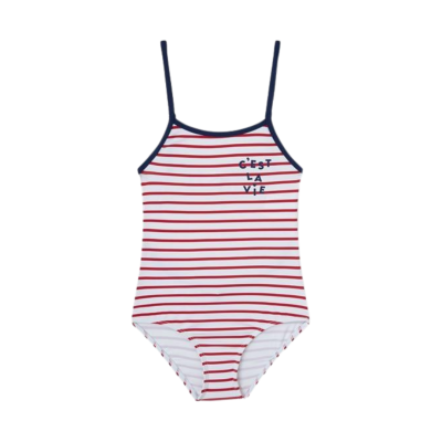 Fato de banho riscado vermelho e branco com texto preto