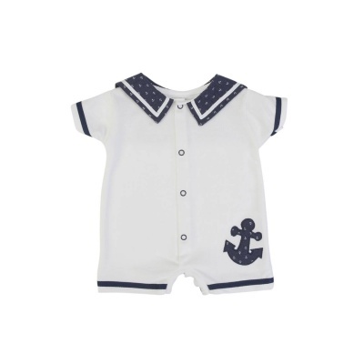 Macacão curto branco para bebé com gola estilo marinheiro azul e âncora