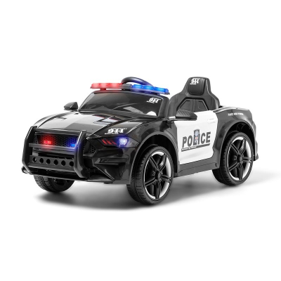 Carro de brincar infantil elétrico estilo carro de polícia preto e branco com luzes vermelhas e azuis.