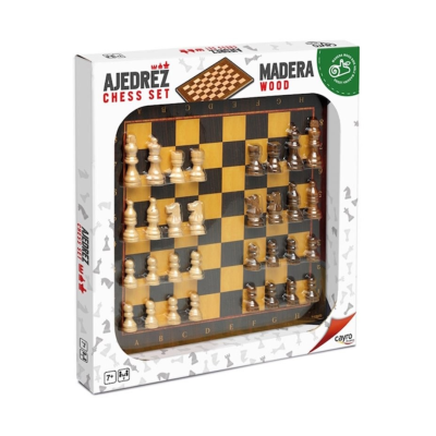 Jogo de xadrez em madeira com peças claras e escuras em embalagem