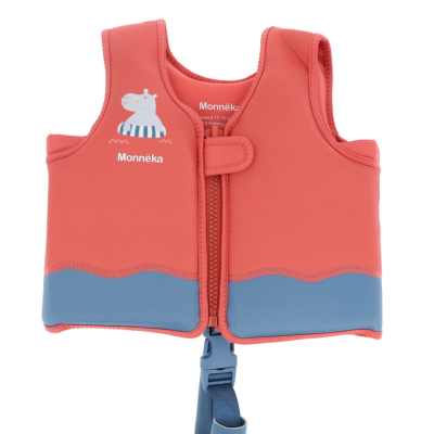 Colete salva-vidas infantil coral e azul com fecho e desenho de hipopótamo.