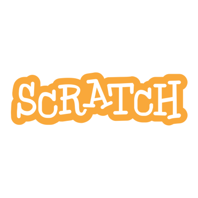 Palavra SCRATCH em letras brancas com contorno laranja