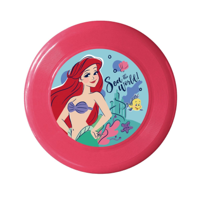Disco voador rosa com imagem da Ariel e texto 'Sea the World!'