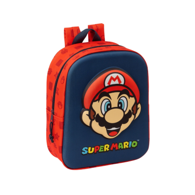 Mochila Super Mario azul e vermelha com rosto do Mario