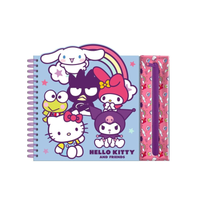 Caderno espiral azul claro com personagens Hello Kitty e amigos e estojo rosa com caneta roxa