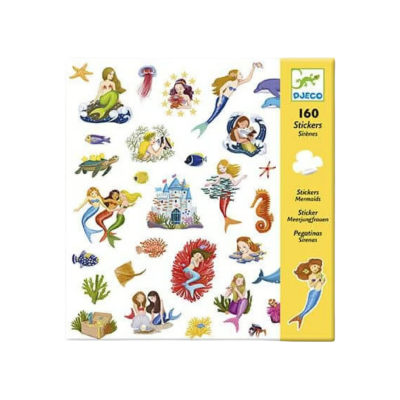 Conjunto de autocolantes de sereias e animais marinhos em fundo branco com embalagem amarela.