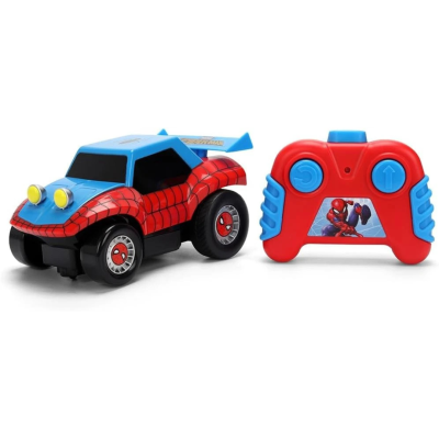 Carrinho de brinquedo vermelho e azul com tema Homem-Aranha e comando à distância vermelho com botões azuis