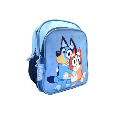 Mochila azul com estampa dos personagens Bluey e Bingo