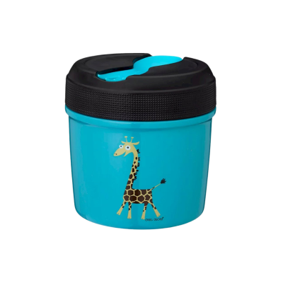 Pote azul com tampa preta e desenho de girafa.