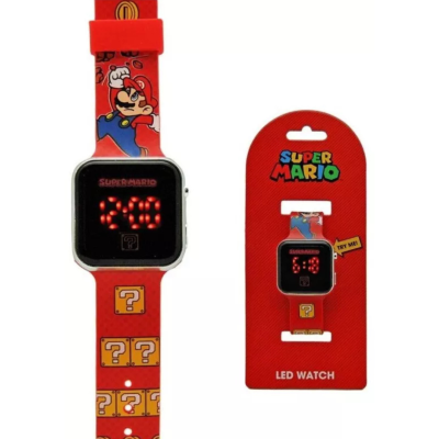 Relógio LED Super Mario vermelho com bracelete ilustrado e embalagem vermelha
