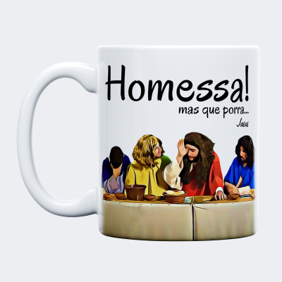 Caneca branca com ilustração colorida e texto em português.