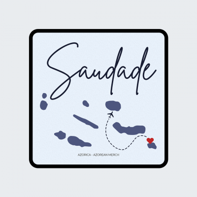 Quadrado com texto 'Saudade' e mapa dos Açores com avião e coração vermelho