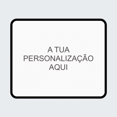 Tapete retangular branco com borda preta e texto de personalização