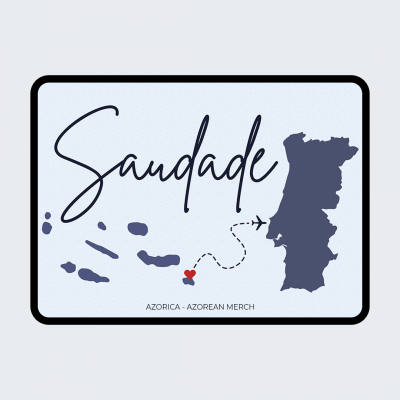 Imagem com texto Saudade, mapa de Portugal e ilhas dos Açores, avião e coração vermelho.