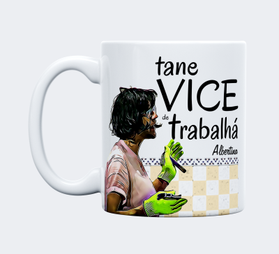 Caneca branca com ilustração e texto em preto