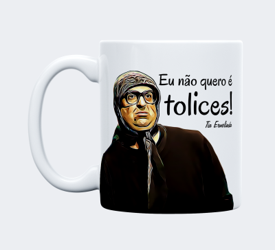 Caneca branca com imagem de senhora e texto em português.