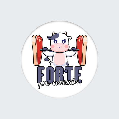 Ilustração redonda de vaca levantando pesos vermelhos com texto motivacional