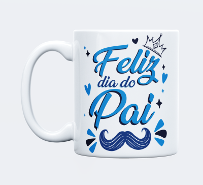 Caneca branca com texto 'Feliz dia do Pai' e desenhos em azul e preto