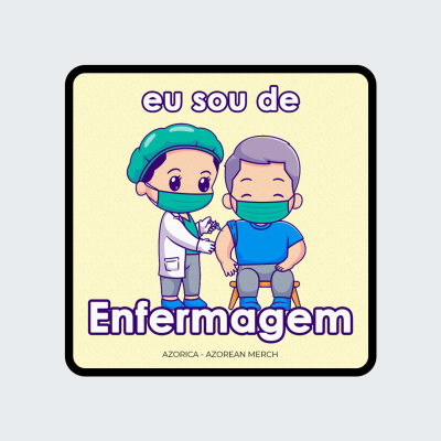 Ilustração de enfermeiro a vacinar paciente, texto 'eu sou de Enfermagem'