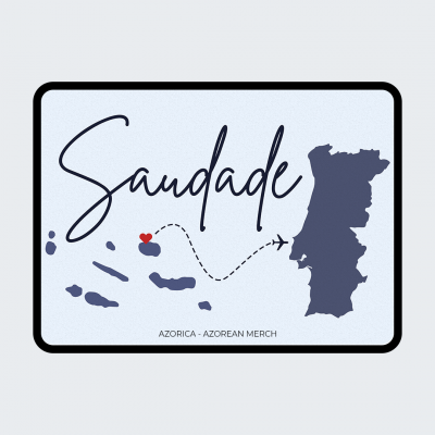 Produto retangular azul claro com texto 'Saudade' e mapas das ilhas dos Açores e Portugal