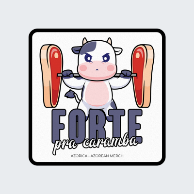 Desenho de vaca levantando pesos com bifes e texto FORTE pra caramba