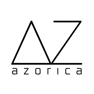 Logótipo preto de formas geométricas e texto 'azorica' em fundo branco