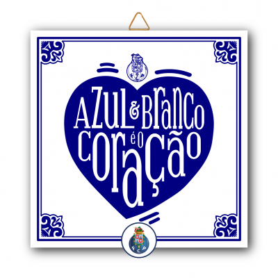 Quadrado decorativo azul e branco com coração e texto em português