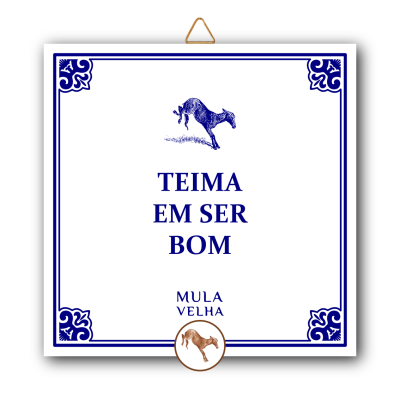 Placa decorativa quadrada com texto 'TEIMA EM SER BOM' e imagem de um burro azul
