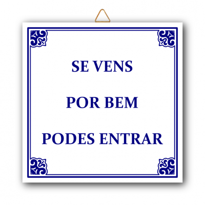 Placa decorativa quadrada branca com texto em azul e detalhes nos cantos
