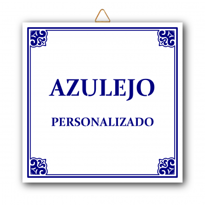 Azulejo quadrado branco com moldura azul e texto 'AZULEJO PERSONALIZADO' pendurado na parede