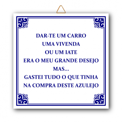 Azulejo quadrado branco com texto em azul e decoração azul nos cantos para pendurar na parede