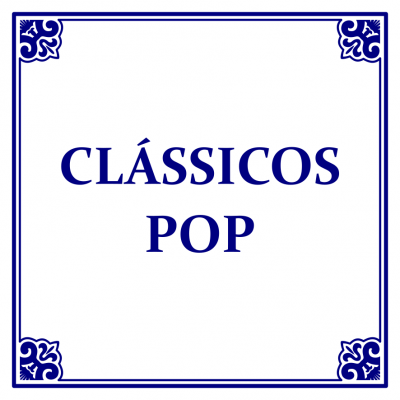 Design gráfico com texto 'CLÁSSICOS POP' em azul e moldura decorativa azul num fundo branco