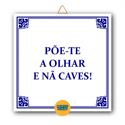 Placa decorativa quadrada com texto em português e moldura azul