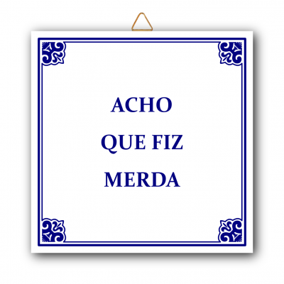 Placa decorativa branca com texto azul 'ACHO QUE FIZ MERDA' e bordas azuis decorativas