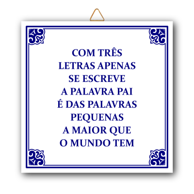 Placa decorativa branca com texto azul sobre a palavra PAI, com moldura azul e pendurada