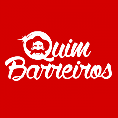 Logotipo Quim Barreiros com imagem de homem bigodudo em fundo vermelho