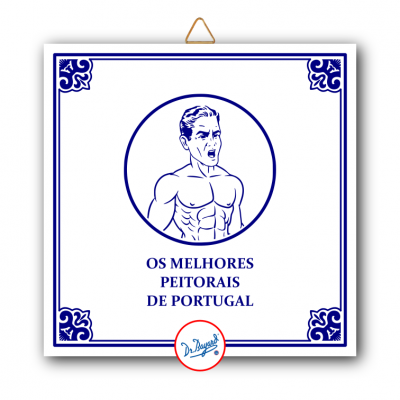 Placa decorativa com desenho de homem musculado e texto em português.