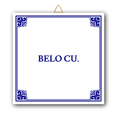 Placa decorativa branca com moldura azul e frase BELO CU. em azul