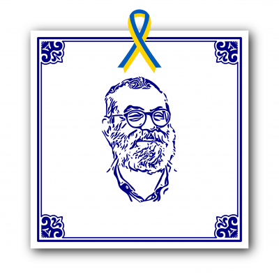 Ilustração de homem com barba e óculos em fundo branco com moldura azul e laço azul e amarelo em cima