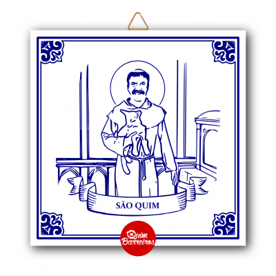 Azulejo decorativo com São Quim segurando um cordeiro e texto