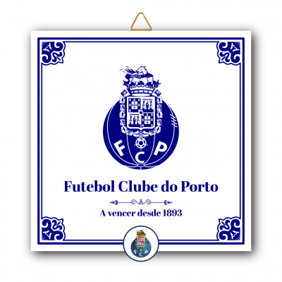 Placa decorativa quadrada de cerâmica do Futebol Clube do Porto com brasão e texto em azul e branco