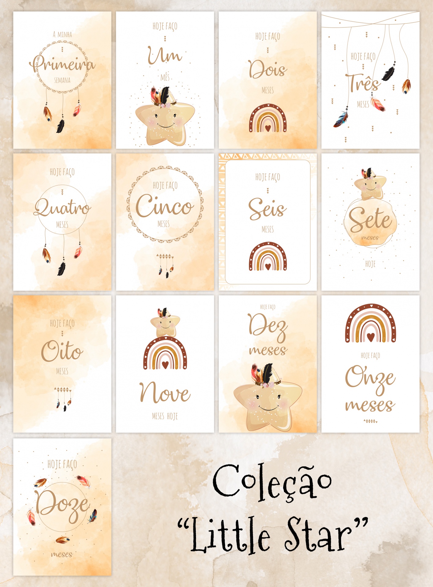 Cartões do bebé Milestone "Little Star" Cartões para bebé da coleção 'Little Star' com meses e desenhos de estrelas e arco-íris