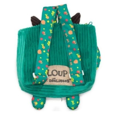 Mochila infantil verde com alças estampadas e etiqueta com texto