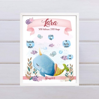 Ilustração infantil de baleia azul com texto emoldurada