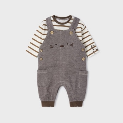 Conjunto de roupa infantil com jardineiras cinza e t-shirt riscada castanha e branca.