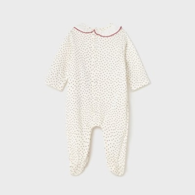 Macacão de bebé branco com pontos dourados e gola com bordado vermelho