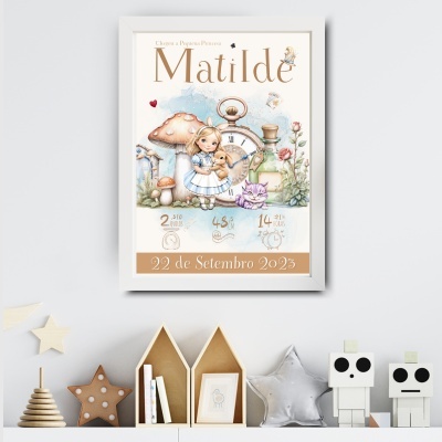 Poster infantil ilustrado com o nome Matilde, elementos naturais e data 22 de Setembro 2023